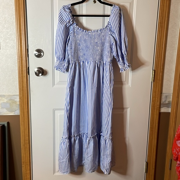 NWOT SHEIN polyester elastic top short sleeve blue/white striped dress, Size M - Picture 6 of 8